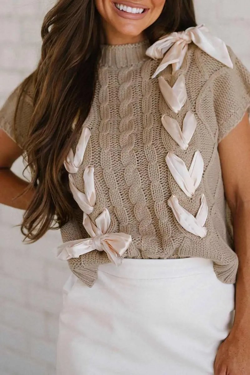 Sweaters Love Salve Taupe Colorblock Sweater Women's Fall Fashion Cable Knit Satin Bow Top