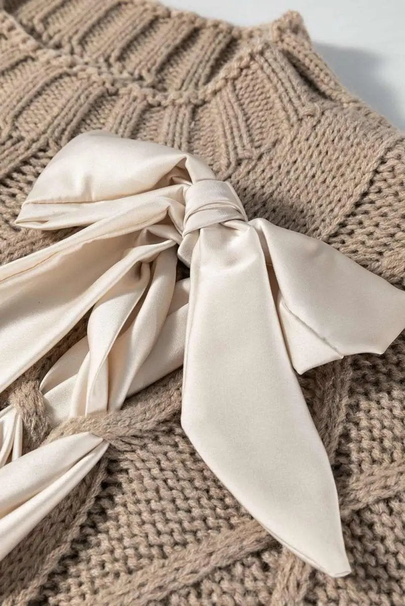 Sweaters Love Salve Taupe Colorblock Sweater Women's Fall Fashion Cable Knit Satin Bow Top