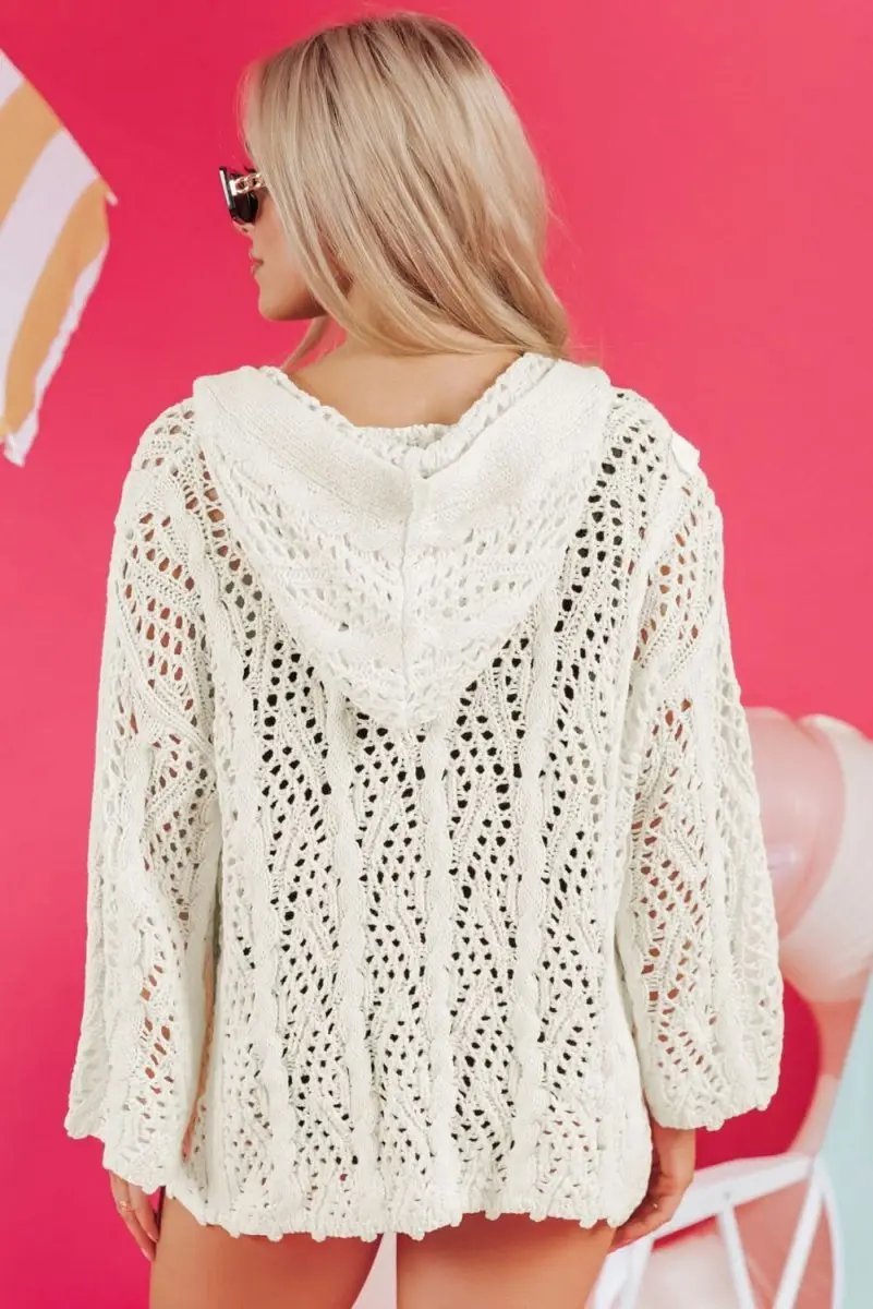 Sweaters Love Salve White Knit Hooded Cover-Up Women's Beach/Pool Casual Summer Style
