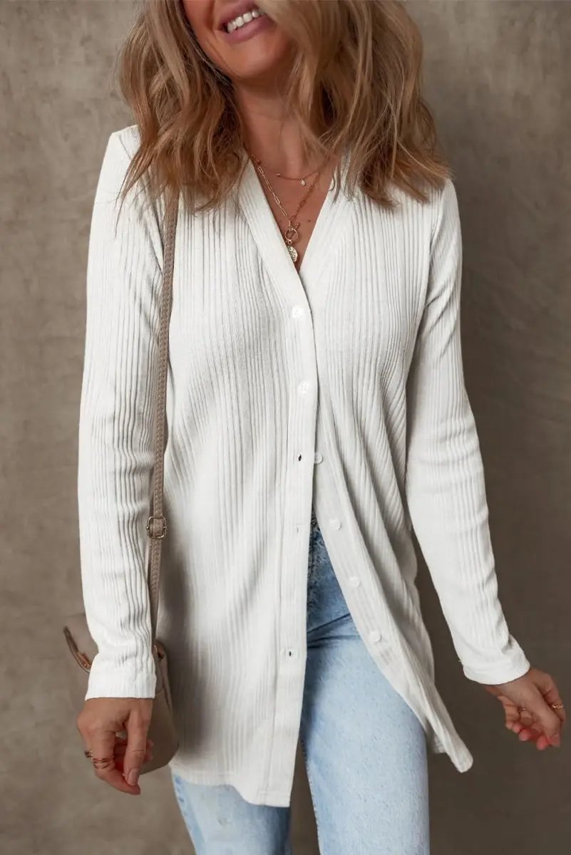 Shirts Love Salve White Ribbed Tunic Women's Casual Cardigan: Soft, Button-Up Top