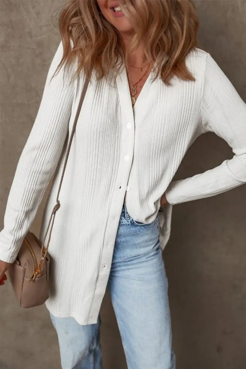 Shirts Love Salve White Ribbed Tunic Women's Casual Cardigan: Soft, Button-Up Top