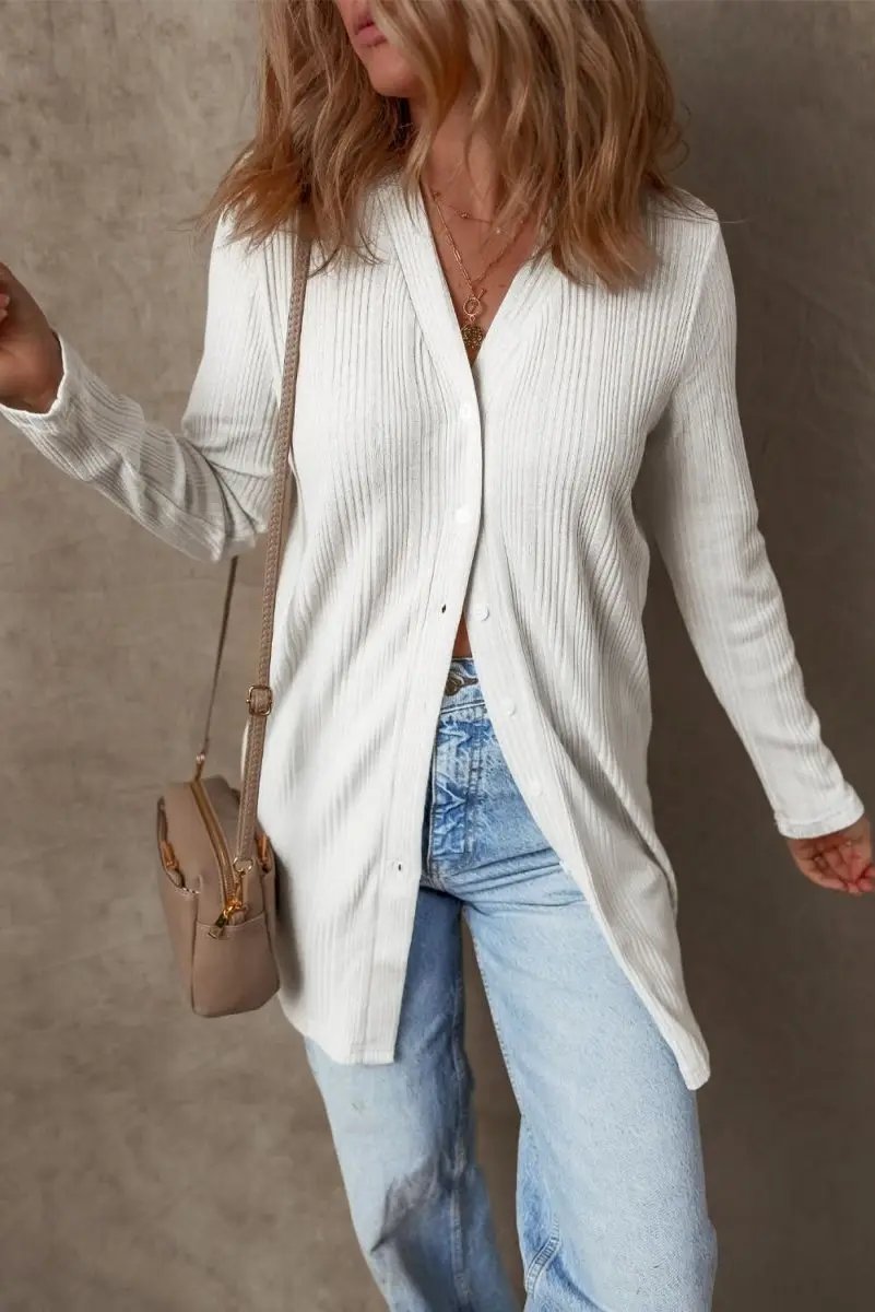 Shirts Love Salve White Ribbed Tunic Women's Casual Cardigan: Soft, Button-Up Top