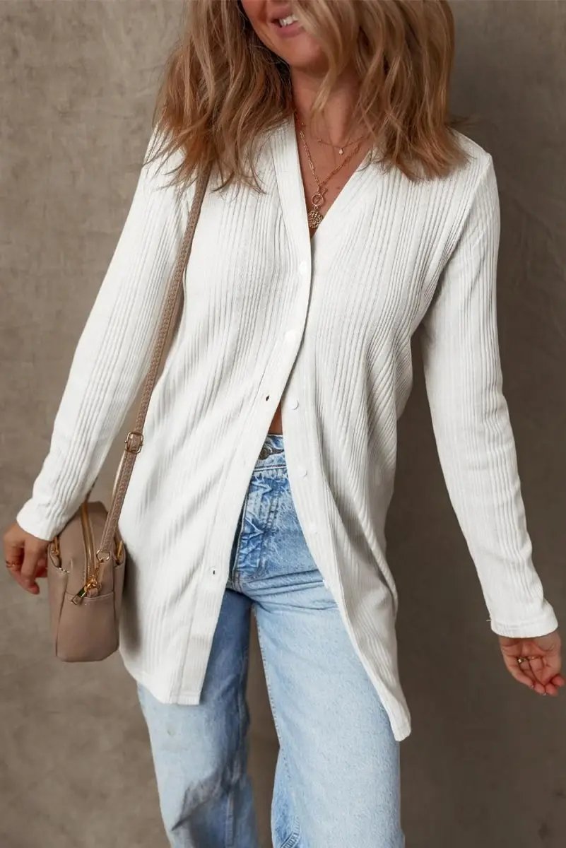 Shirts Love Salve White Ribbed Tunic Women's Casual Cardigan: Soft, Button-Up Top