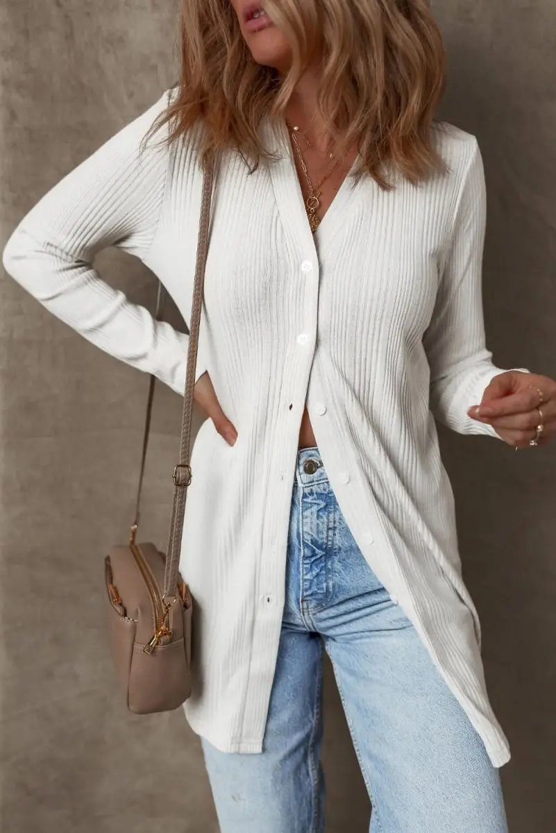 Shirts Love Salve White Ribbed Tunic Women's Casual Cardigan: Soft, Button-Up Top