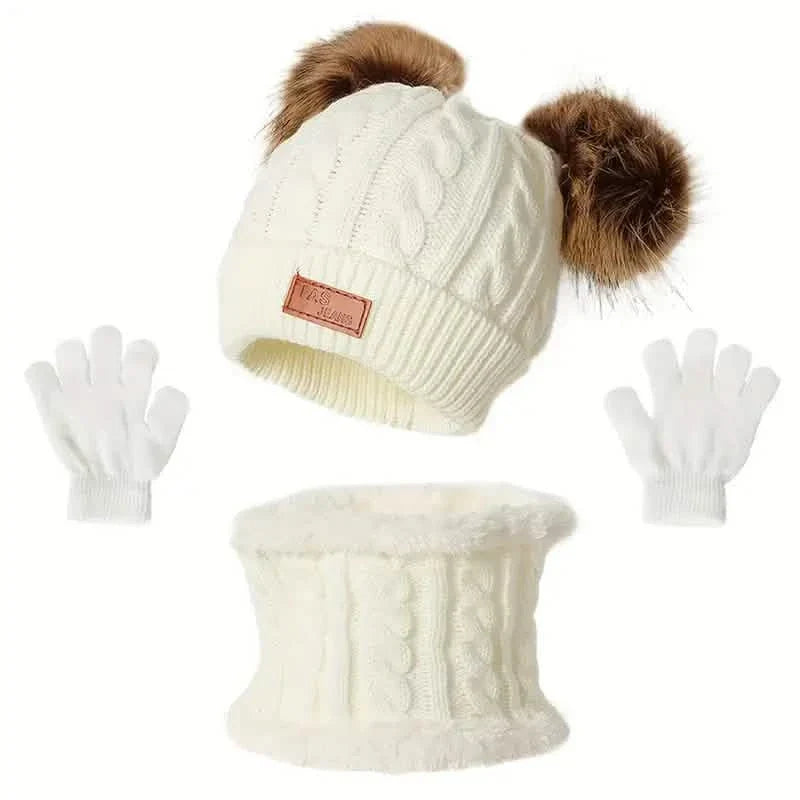 Children's Winter Knitted Wool Lining Warm Hat, Scarf, Glove Set For 2-5 Year Old Boys And Girls