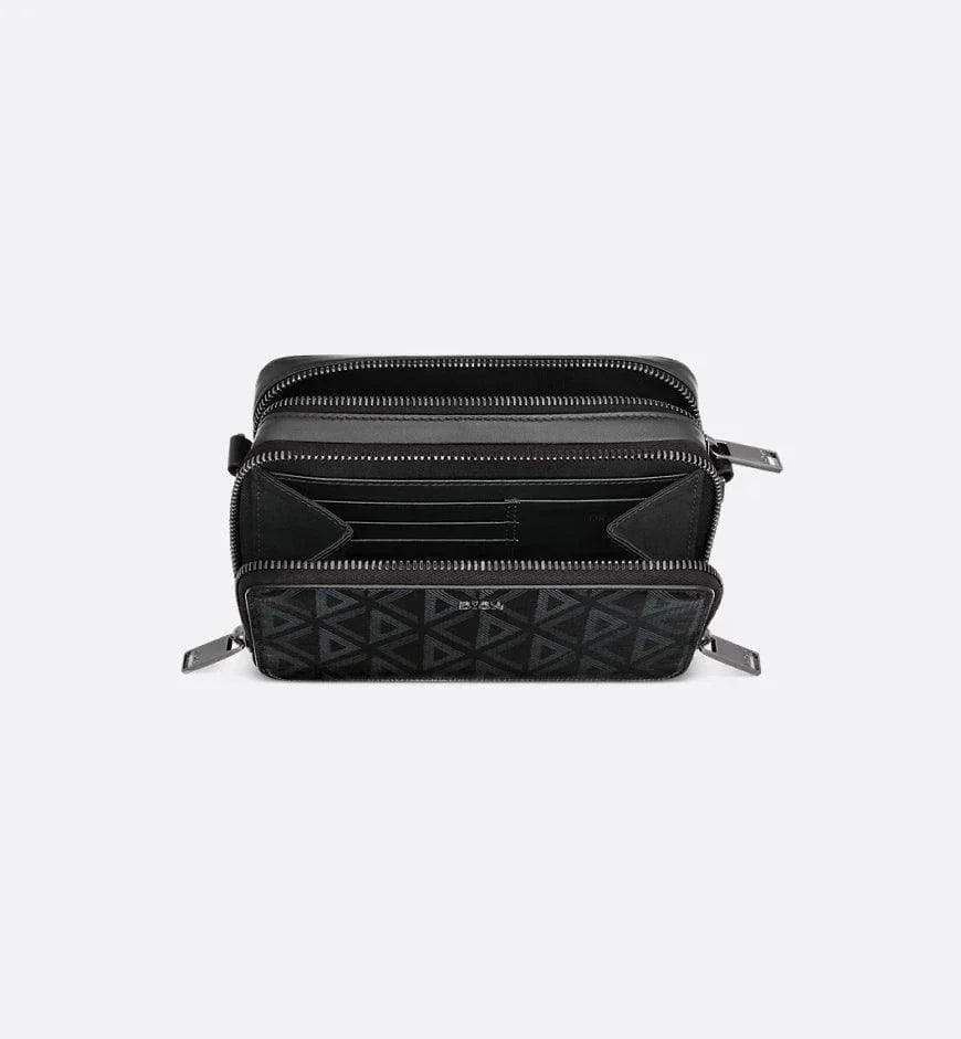 Christian Dior Zipped Pouch with Strap Black Coated Cotton Canvas with CD Diamond Print