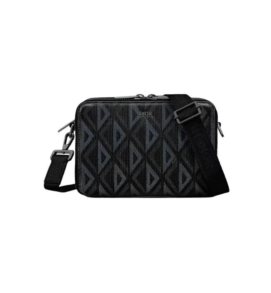Christian Dior Zipped Pouch with Strap Black Coated Cotton Canvas with CD Diamond Print