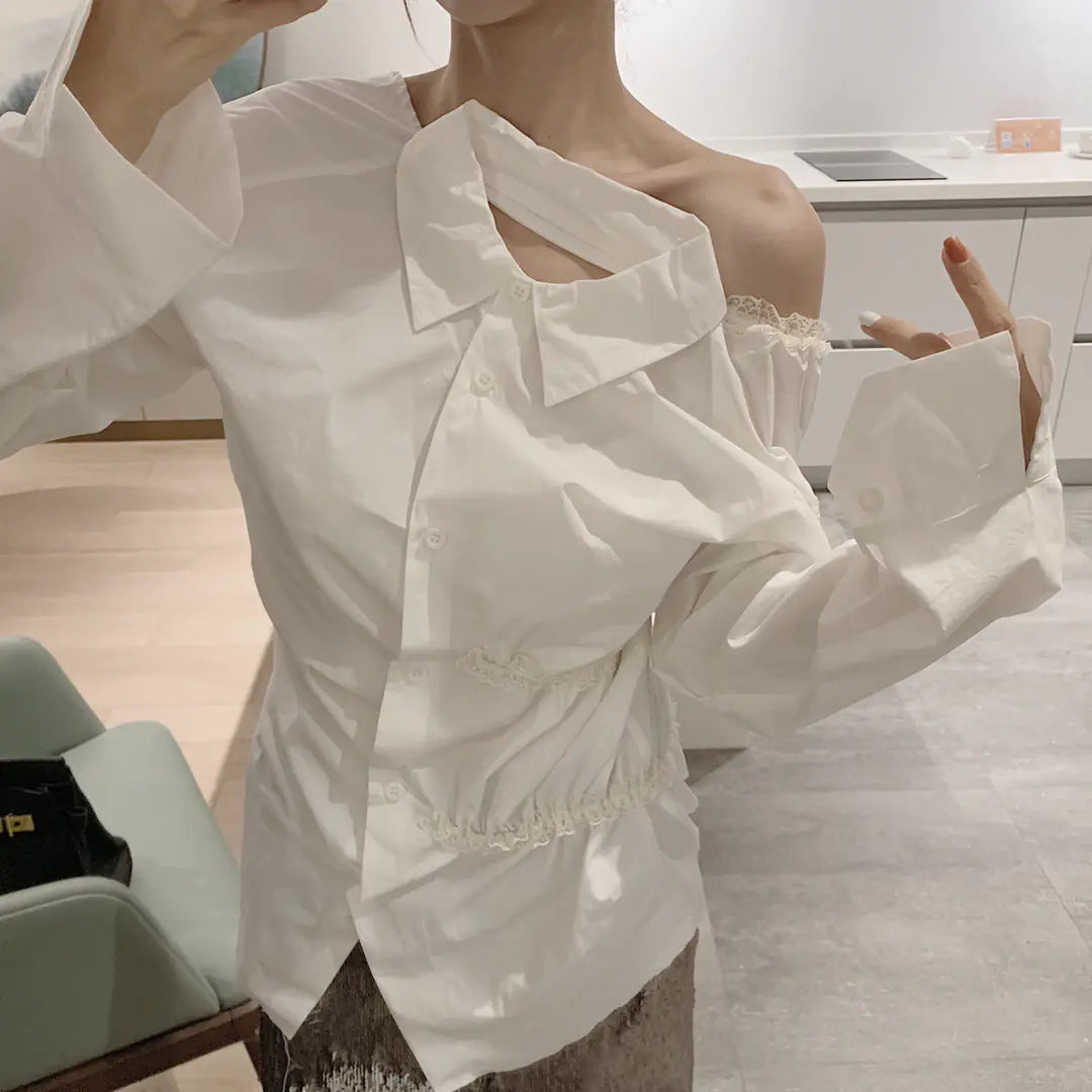 White Ruffled Lace Backless Shirt