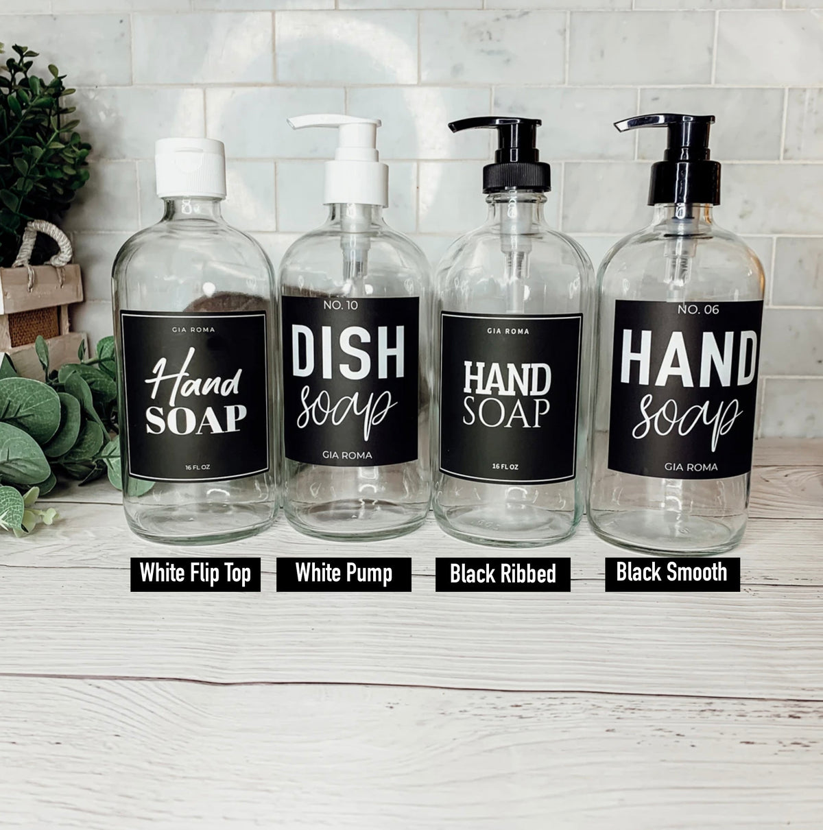16oz Clear Glass Soap Bottle Refillable Boston Round With Black Label
