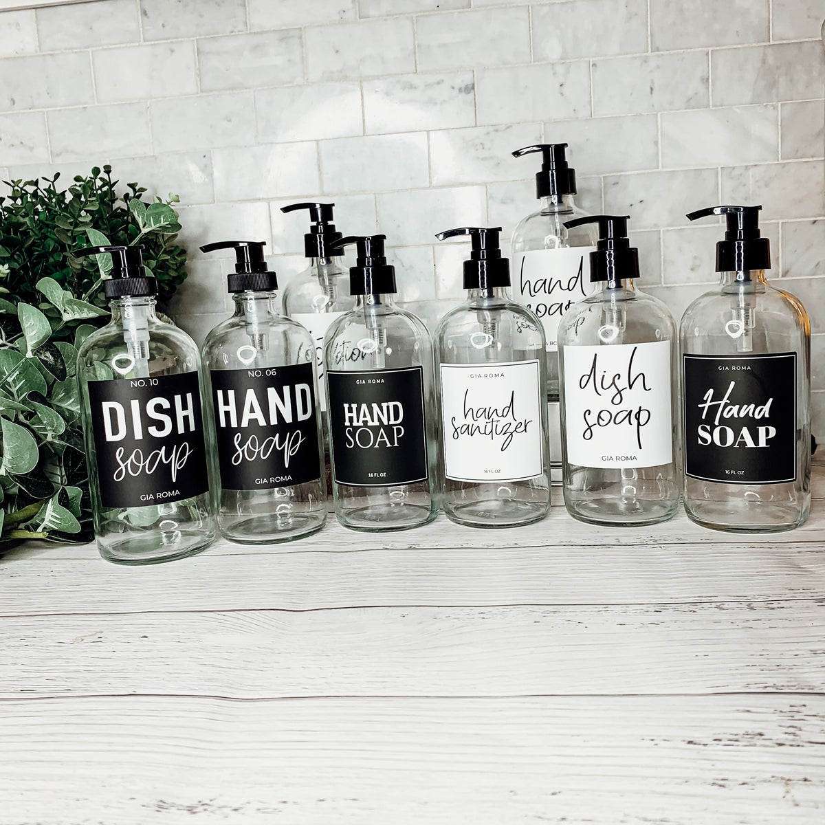 16oz Clear Glass Soap Bottle Refillable Boston Round With Black Label