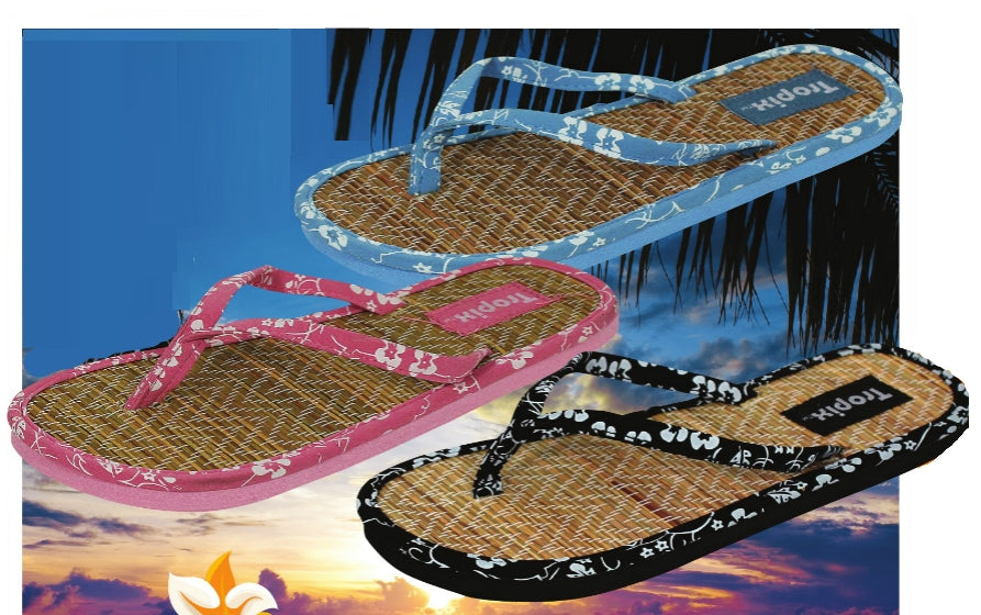 Chanclas con patrón de hibisco y paja de coco Tropix