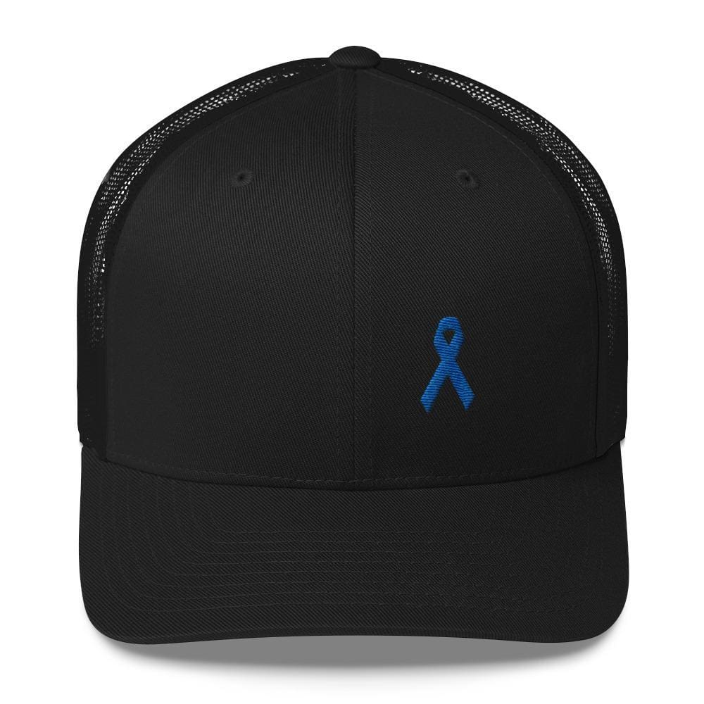 Colon Cancer Awareness Snapback Trucker Hat with Dark Blue Ribbon