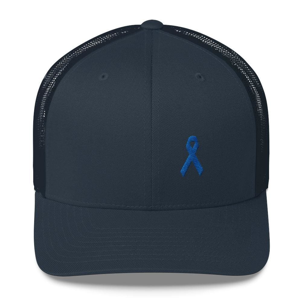 Colon Cancer Awareness Snapback Trucker Hat with Dark Blue Ribbon