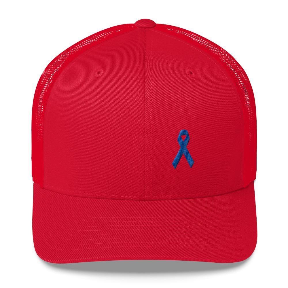 Colon Cancer Awareness Snapback Trucker Hat with Dark Blue Ribbon