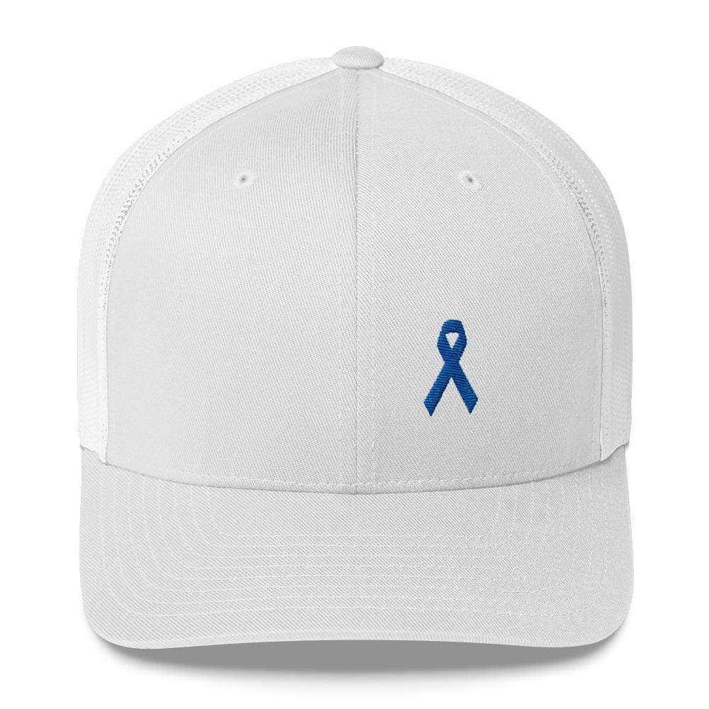 Colon Cancer Awareness Snapback Trucker Hat with Dark Blue Ribbon
