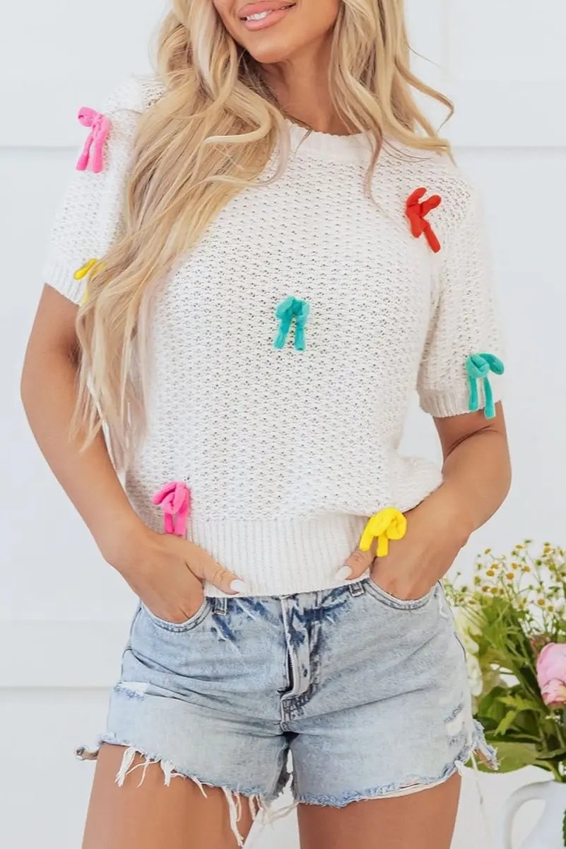 Pants Love Salve White Knit Sweater Women's Fashion Top Colorful Bows Mock Neck