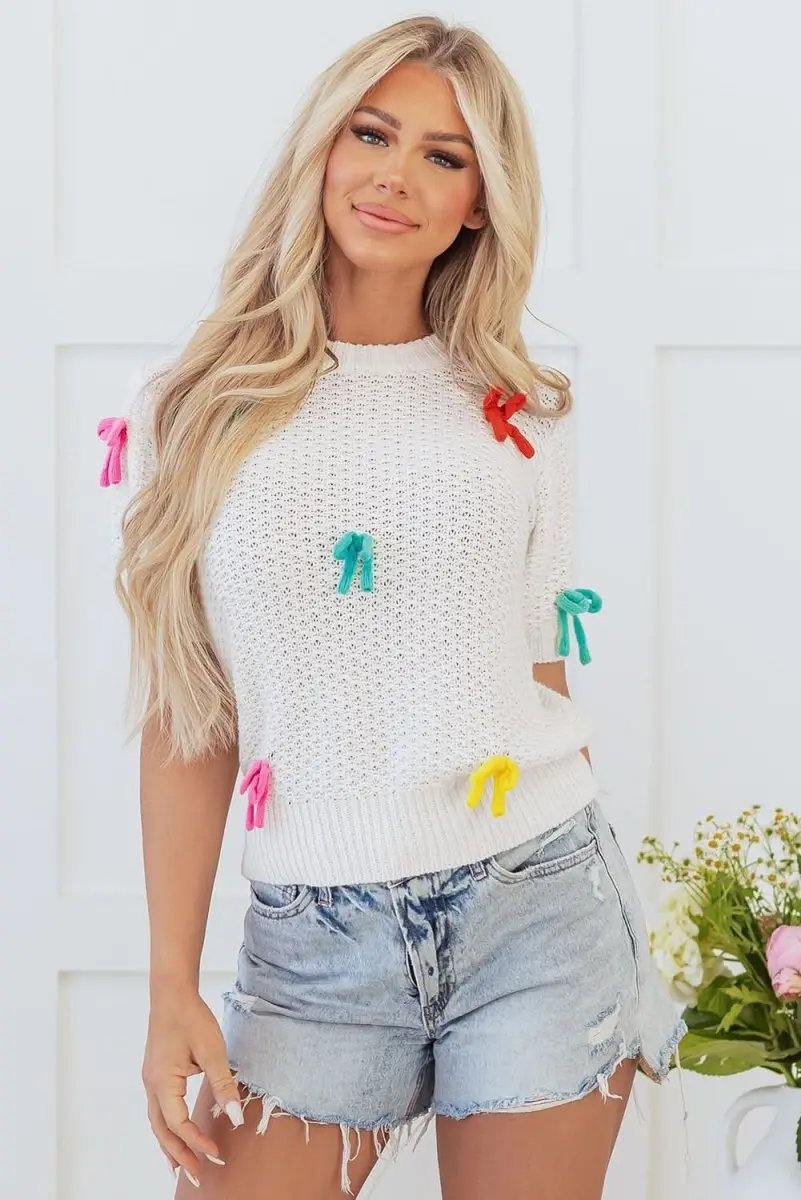 Pants Love Salve White Knit Sweater Women's Fashion Top Colorful Bows Mock Neck