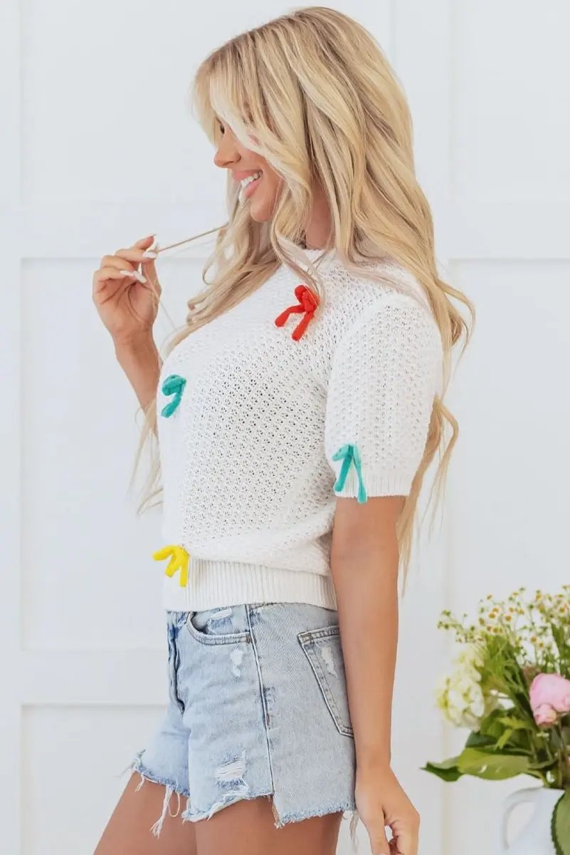 Pants Love Salve White Knit Sweater Women's Fashion Top Colorful Bows Mock Neck