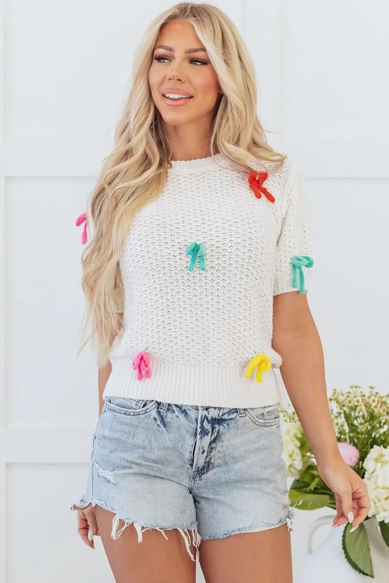 Pants Love Salve White Knit Sweater Women's Fashion Top Colorful Bows Mock Neck