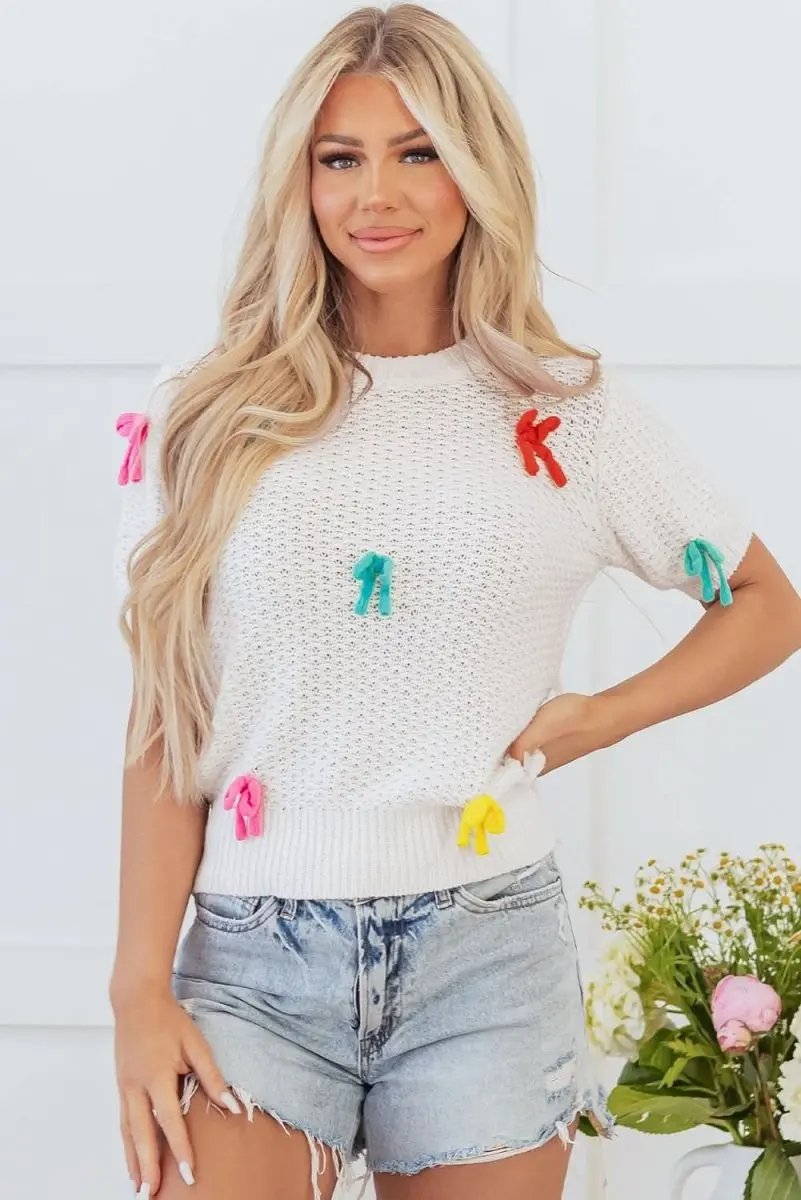 Pants Love Salve White Knit Sweater Women's Fashion Top Colorful Bows Mock Neck