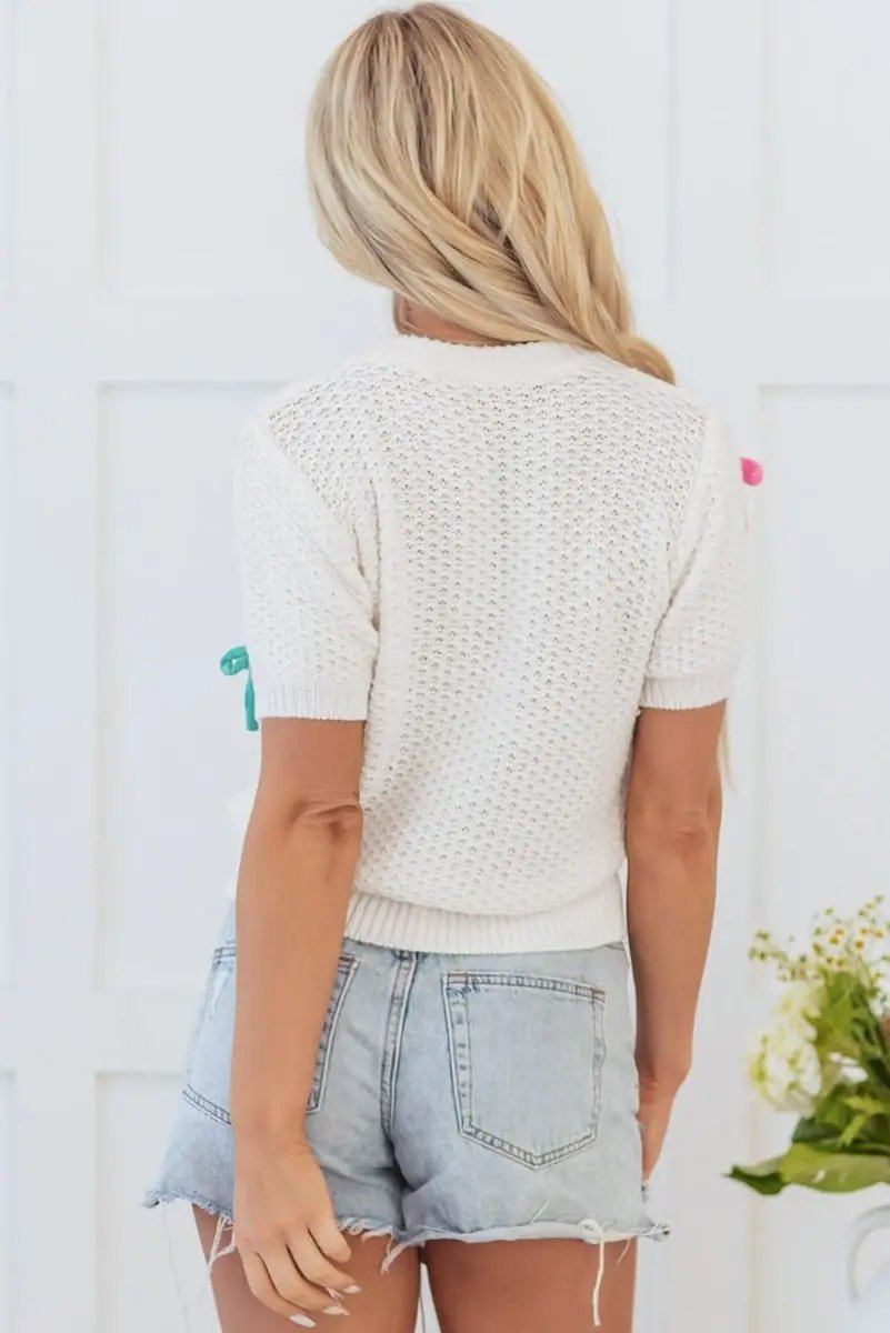 Pants Love Salve White Knit Sweater Women's Fashion Top Colorful Bows Mock Neck