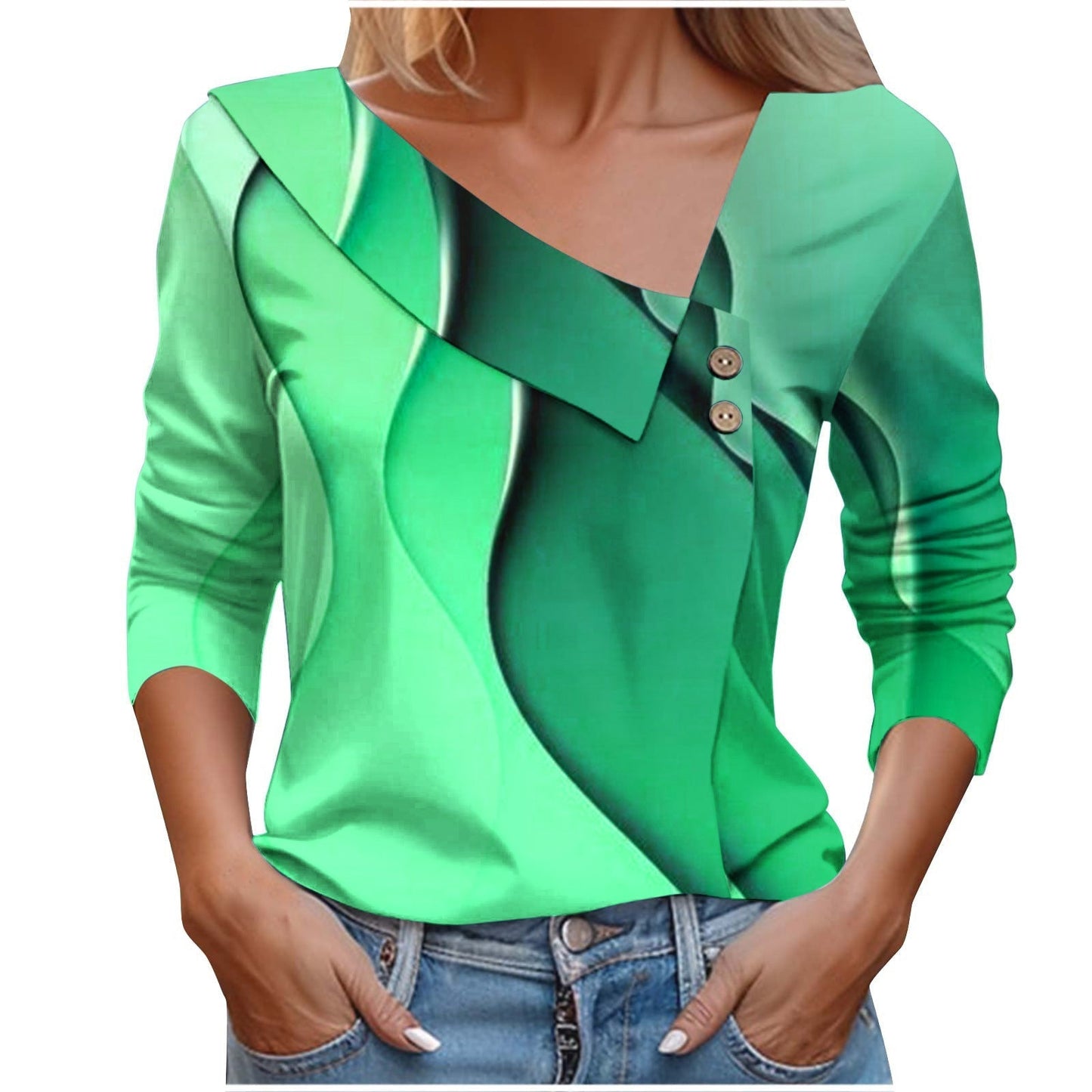 Colorful Printed V-Neck Long Sleeve T-Shirt for Women - # GIAA23510053