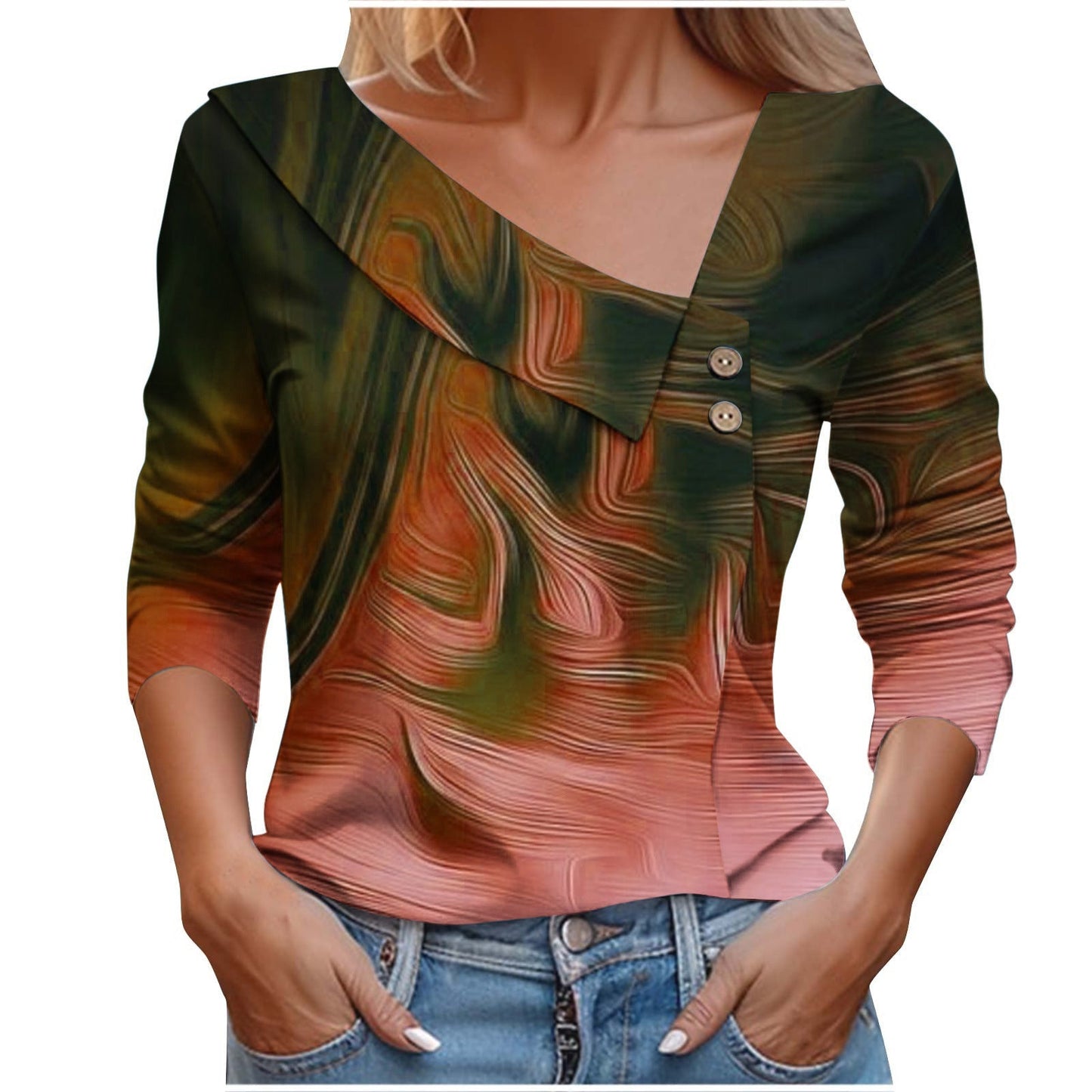 Colorful Printed V-Neck Long Sleeve T-Shirt for Women - # GIAA23510053