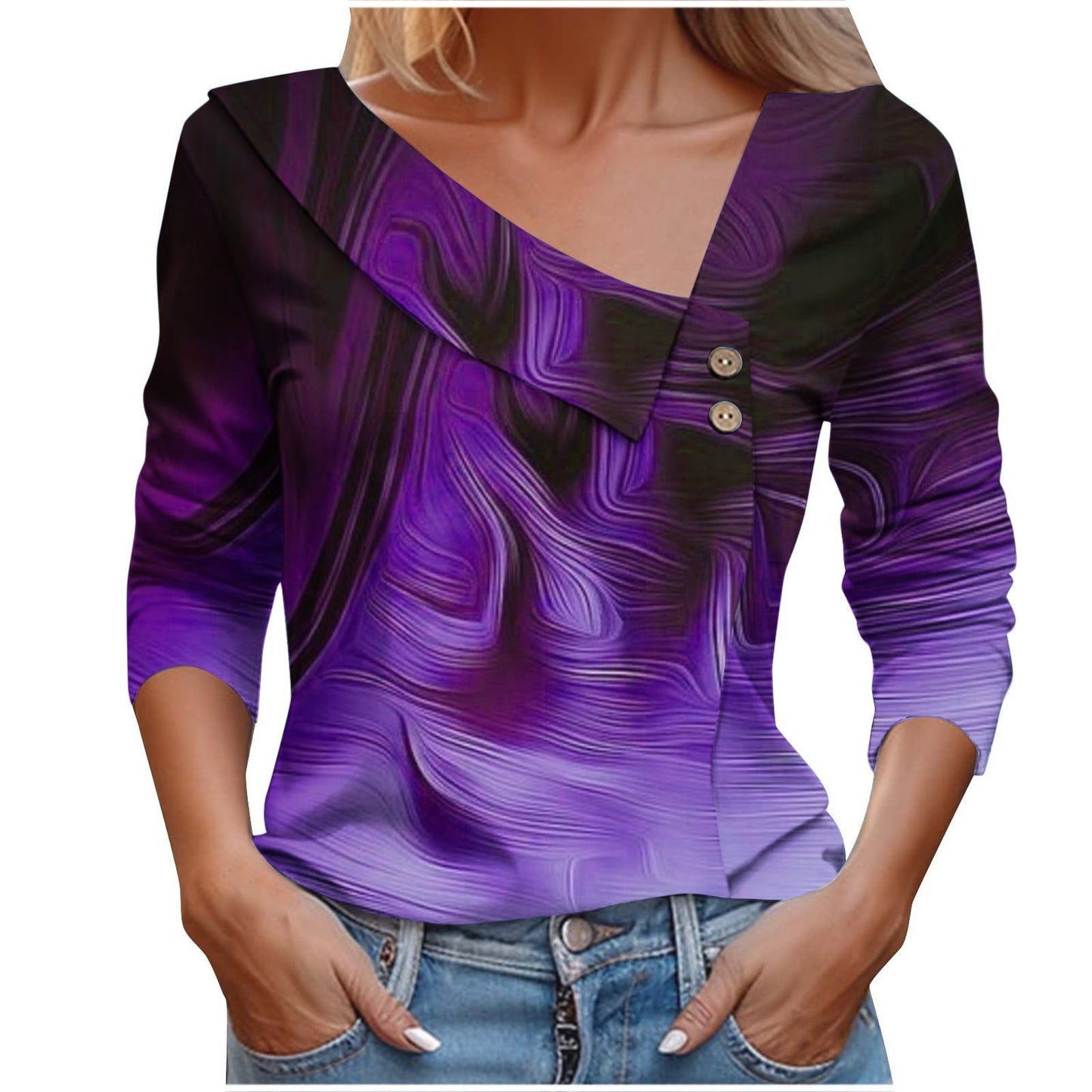 Colorful Printed V-Neck Long Sleeve T-Shirt for Women - # GIAA23510053