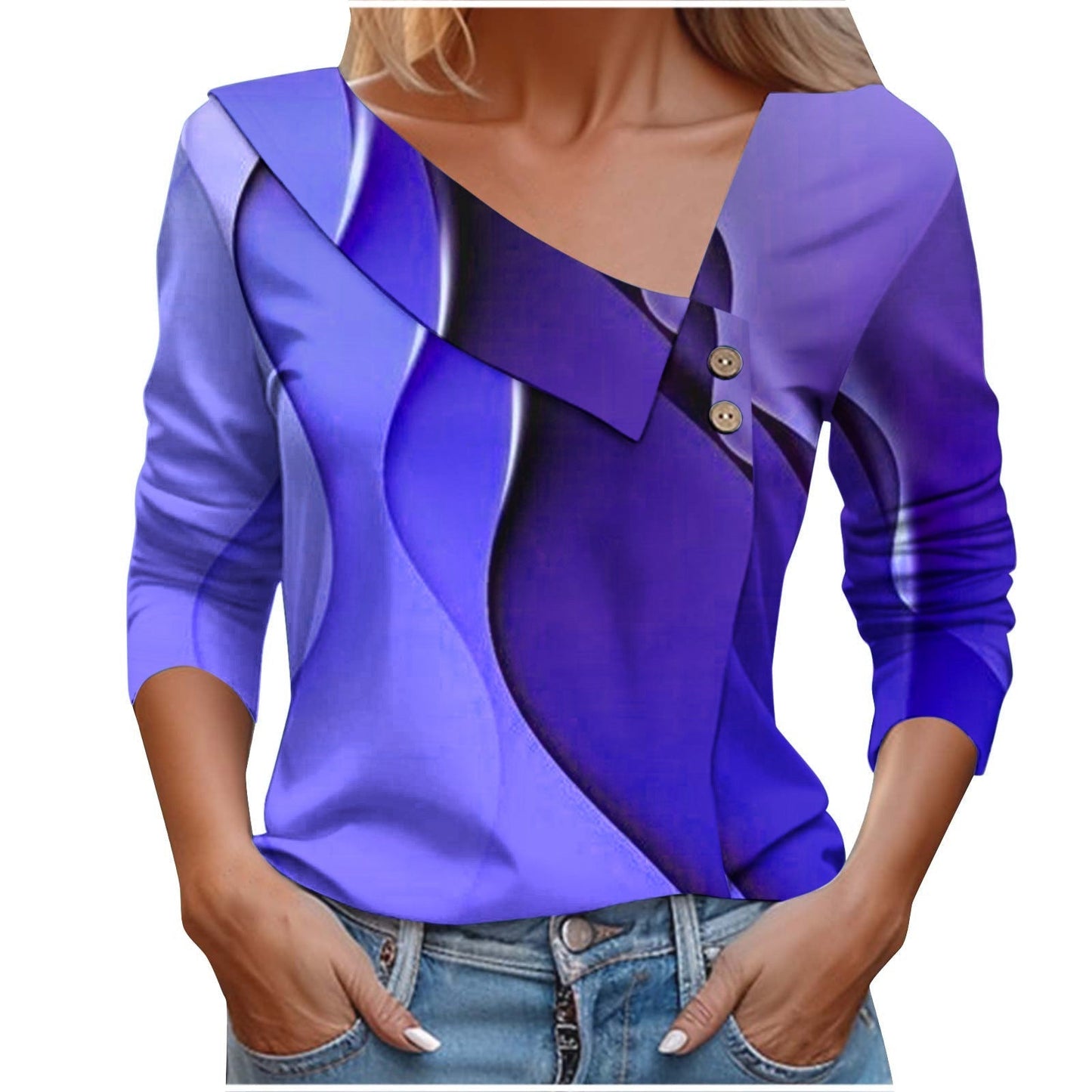 Colorful Printed V-Neck Long Sleeve T-Shirt for Women - # GIAA23510053