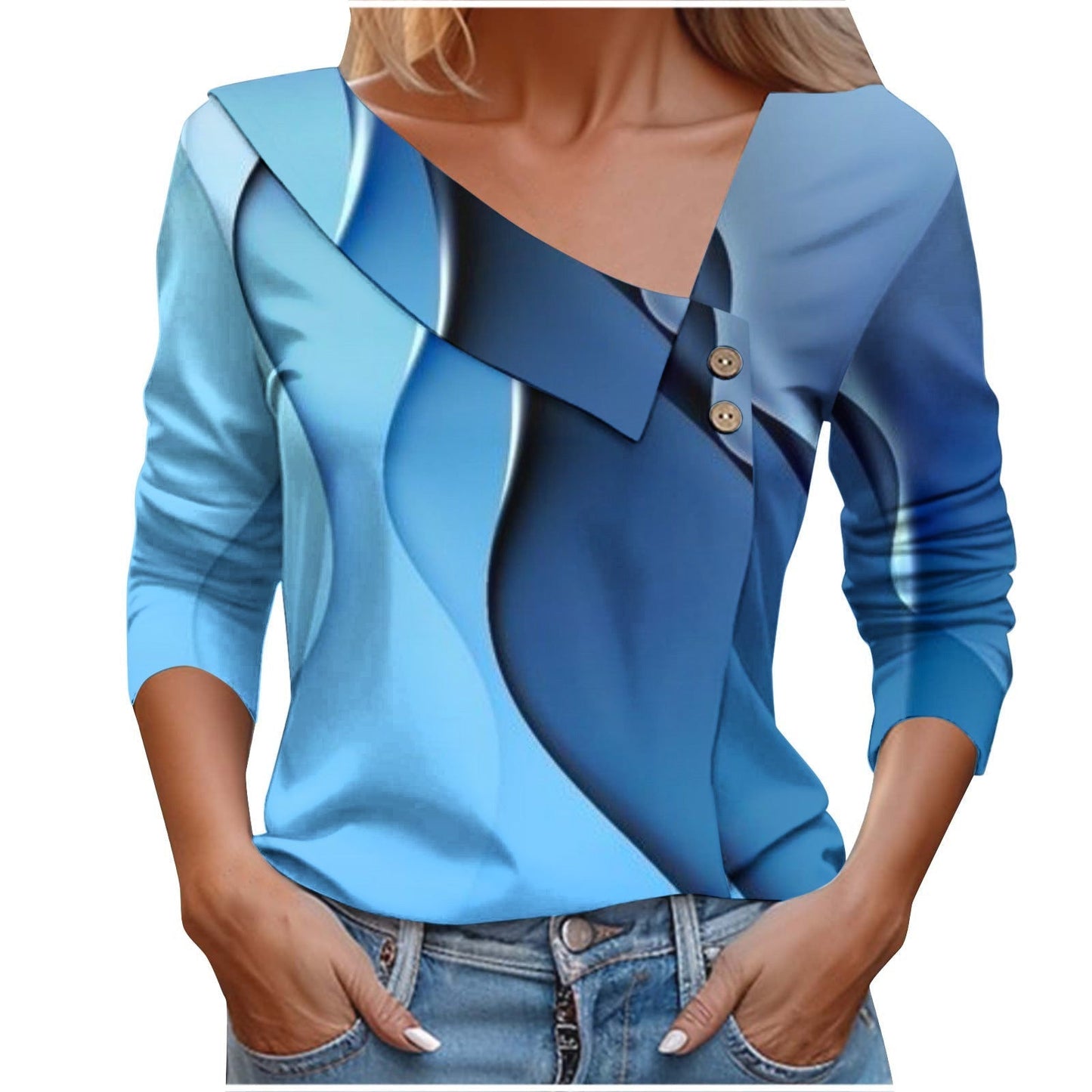 Colorful Printed V-Neck Long Sleeve T-Shirt for Women - # GIAA23510053