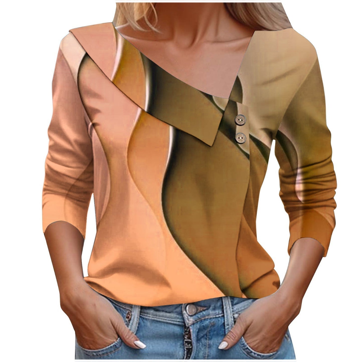 Colorful Printed V-Neck Long Sleeve T-Shirt for Women - # GIAA23510053