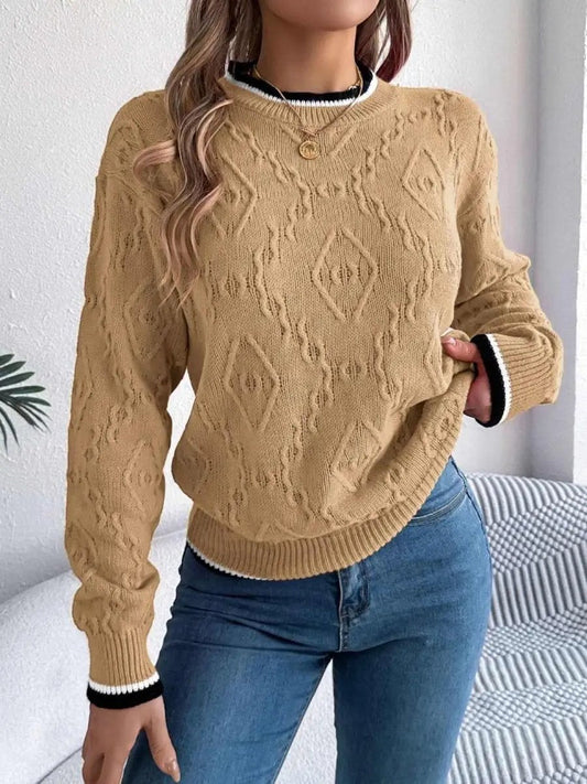 Suéter con ribete en contraste Trendsi para mujer, top versátil de acrílico de manga larga
