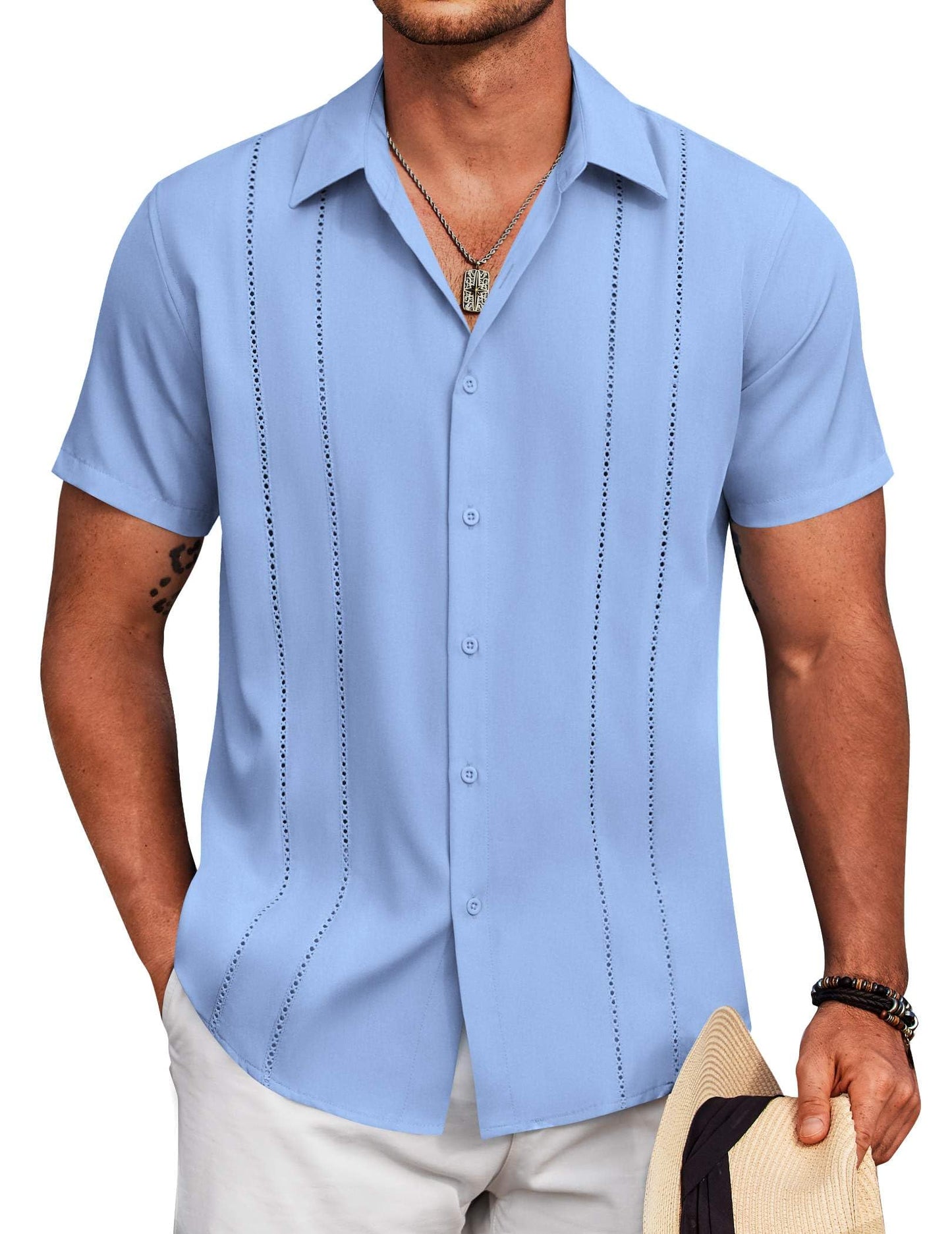 COOFANDY Men's Cuban Guayabera Shirt | Sky Blue - # BOAA13510051