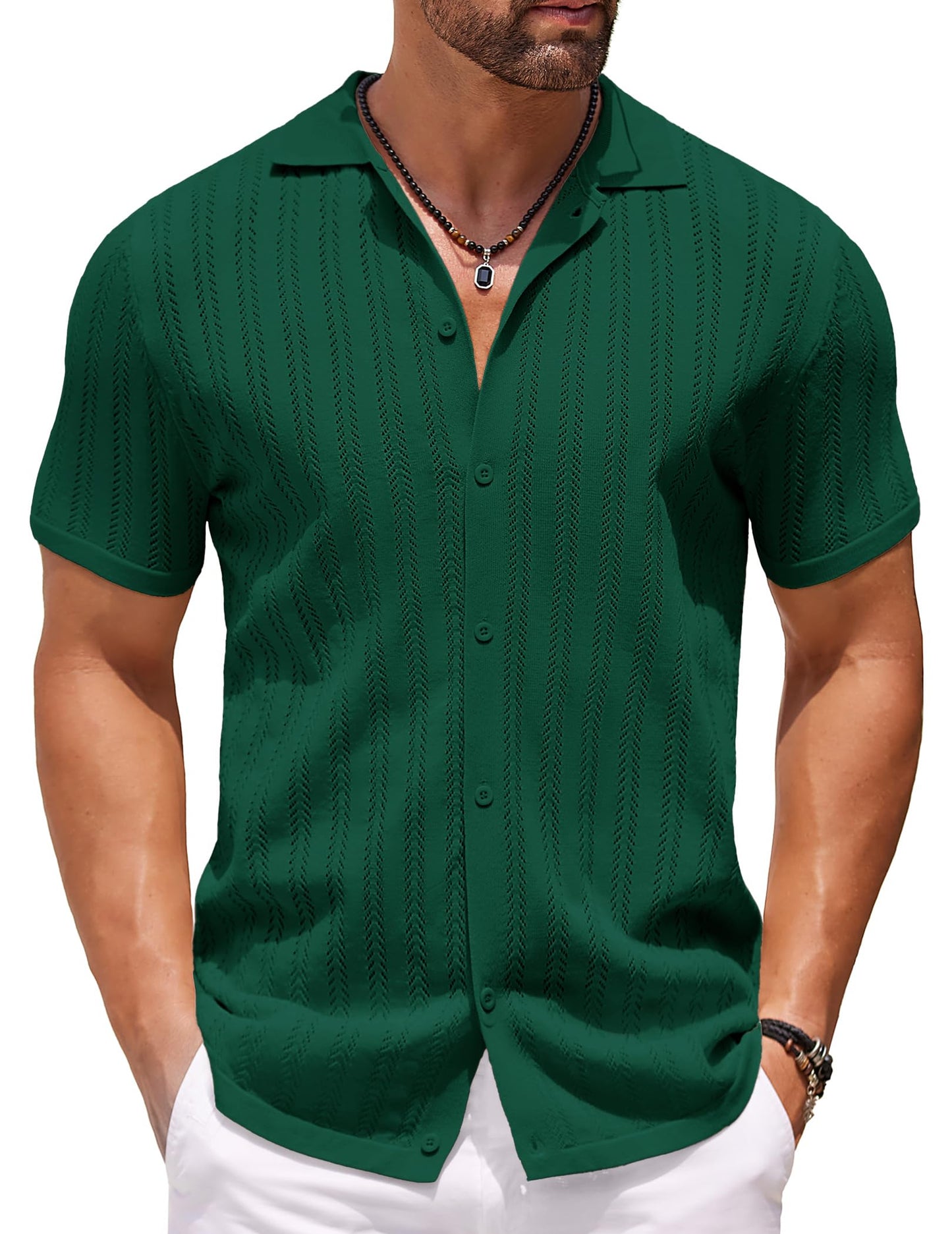COOFANDY Men's Knit Button Down Polo Shirts | Green - # BOAA13510053