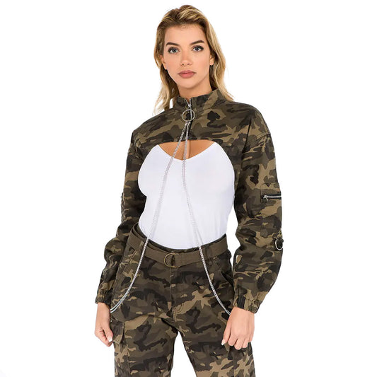Chaqueta corta con manga francesa de camuflaje con cadenas extraíbles