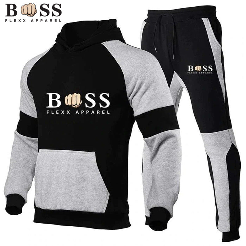 Cross-Border Men's Fleece Hooded Tracksuit Set | For Autumn & Winter - # BOAA13310007