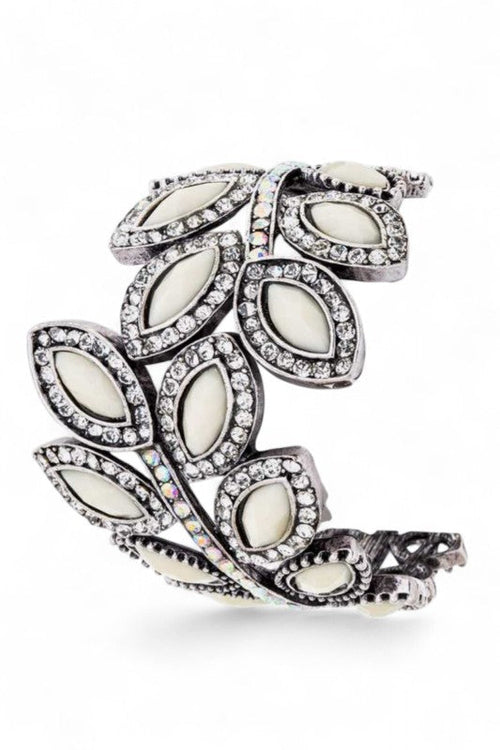 Crystal Leaf Hinged Statement Bangle Cuff Elegant Bracelet