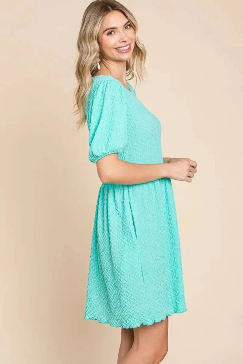 Textured Mini Dress - Round Neck Puff Sleeve - Everyday Comfy Style
