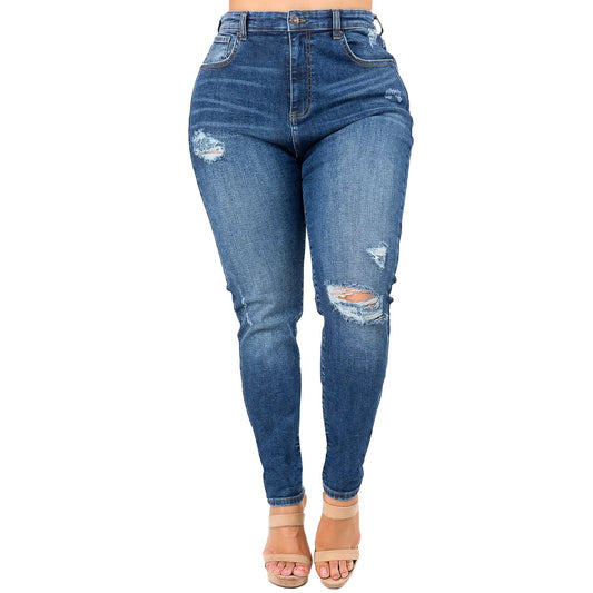 Jeans Curvy de Tiro Alto con Rodillas Rasgadas y Destruidas