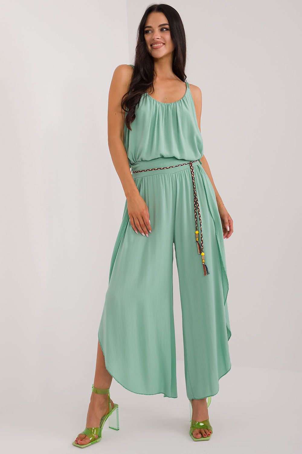 Women's High Waist Viscose Trousers - Airy Pants with Decorative Tie