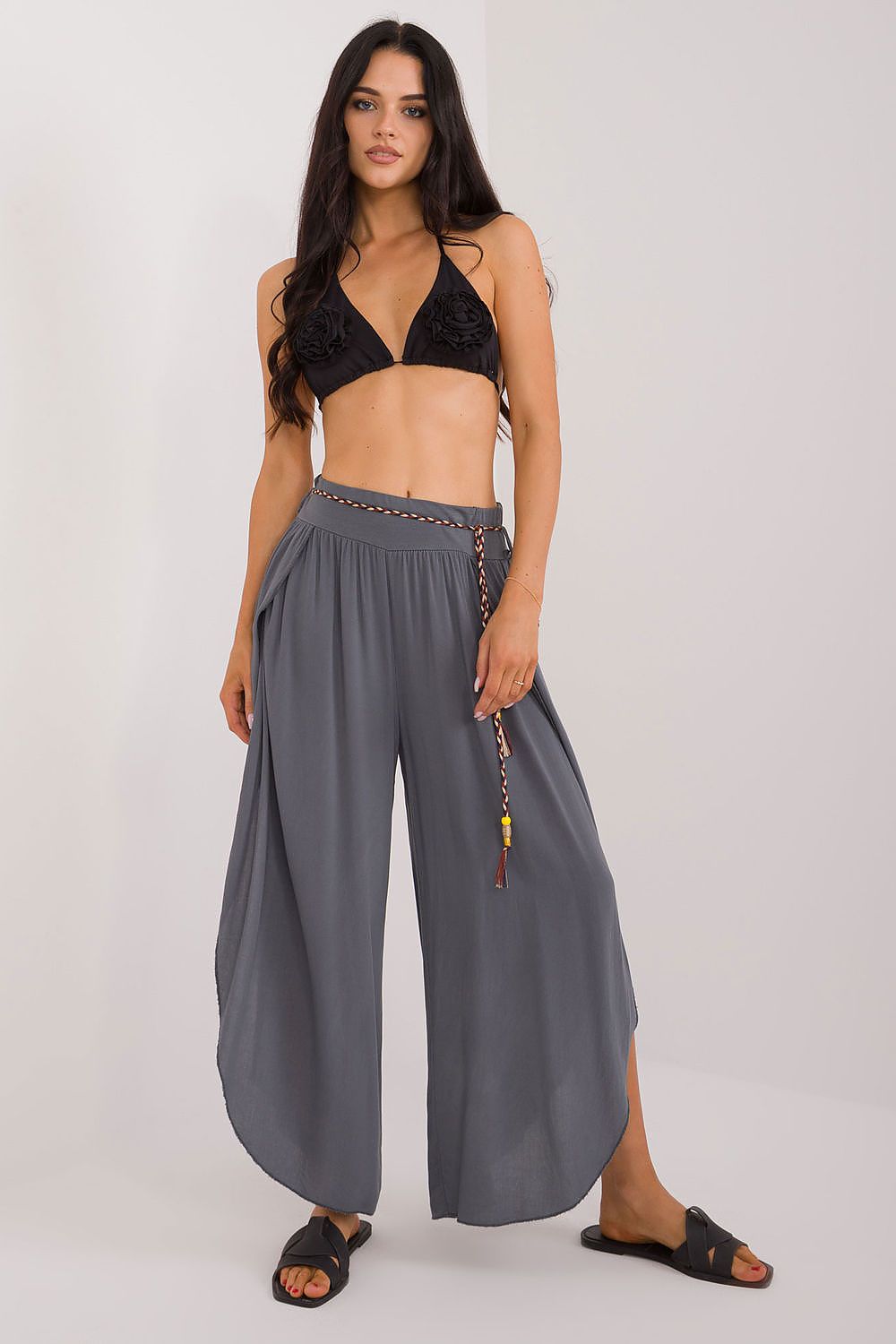 Women's High Waist Viscose Trousers - Airy Pants with Decorative Tie