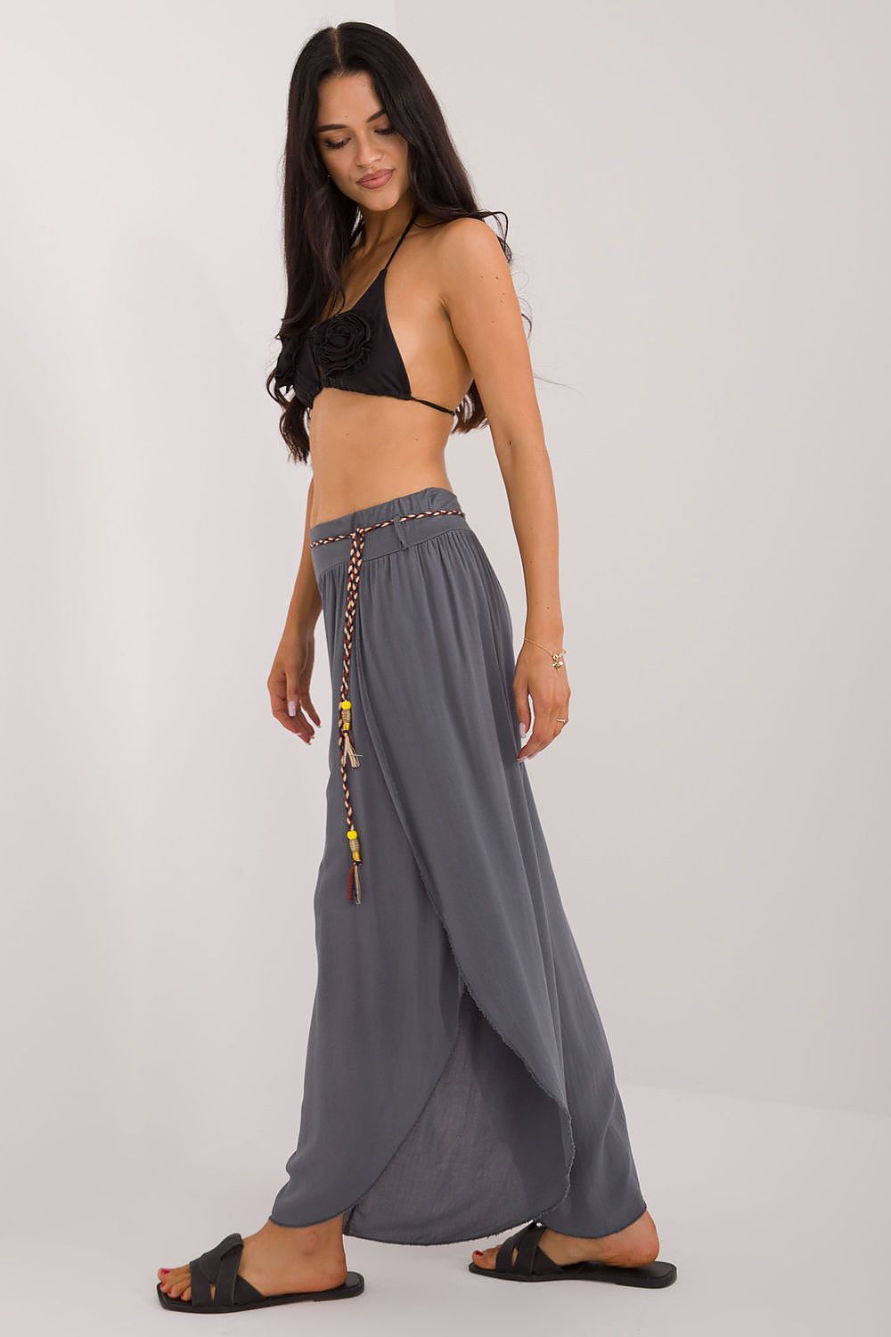 Women's High Waist Viscose Trousers - Airy Pants with Decorative Tie