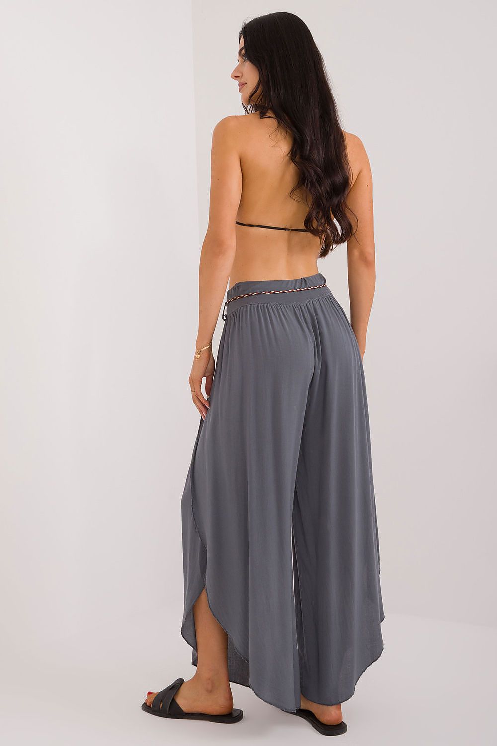 Women's High Waist Viscose Trousers - Airy Pants with Decorative Tie