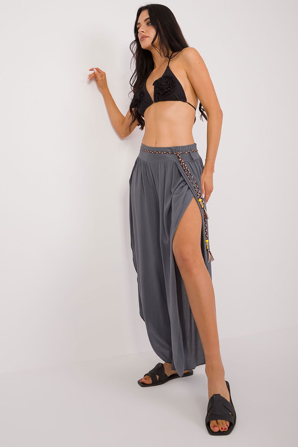 Women's High Waist Viscose Trousers - Airy Pants with Decorative Tie