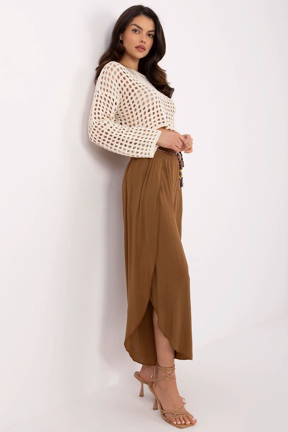 Women's High Waist Viscose Trousers - Airy Pants with Decorative Tie