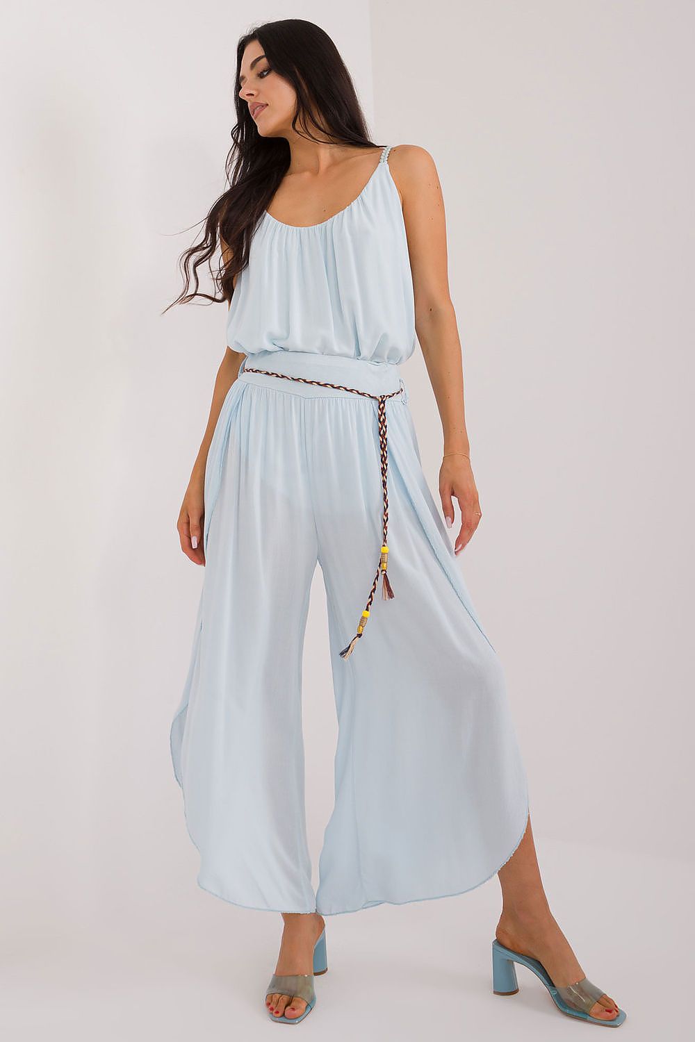 Women's High Waist Viscose Trousers - Airy Pants with Decorative Tie