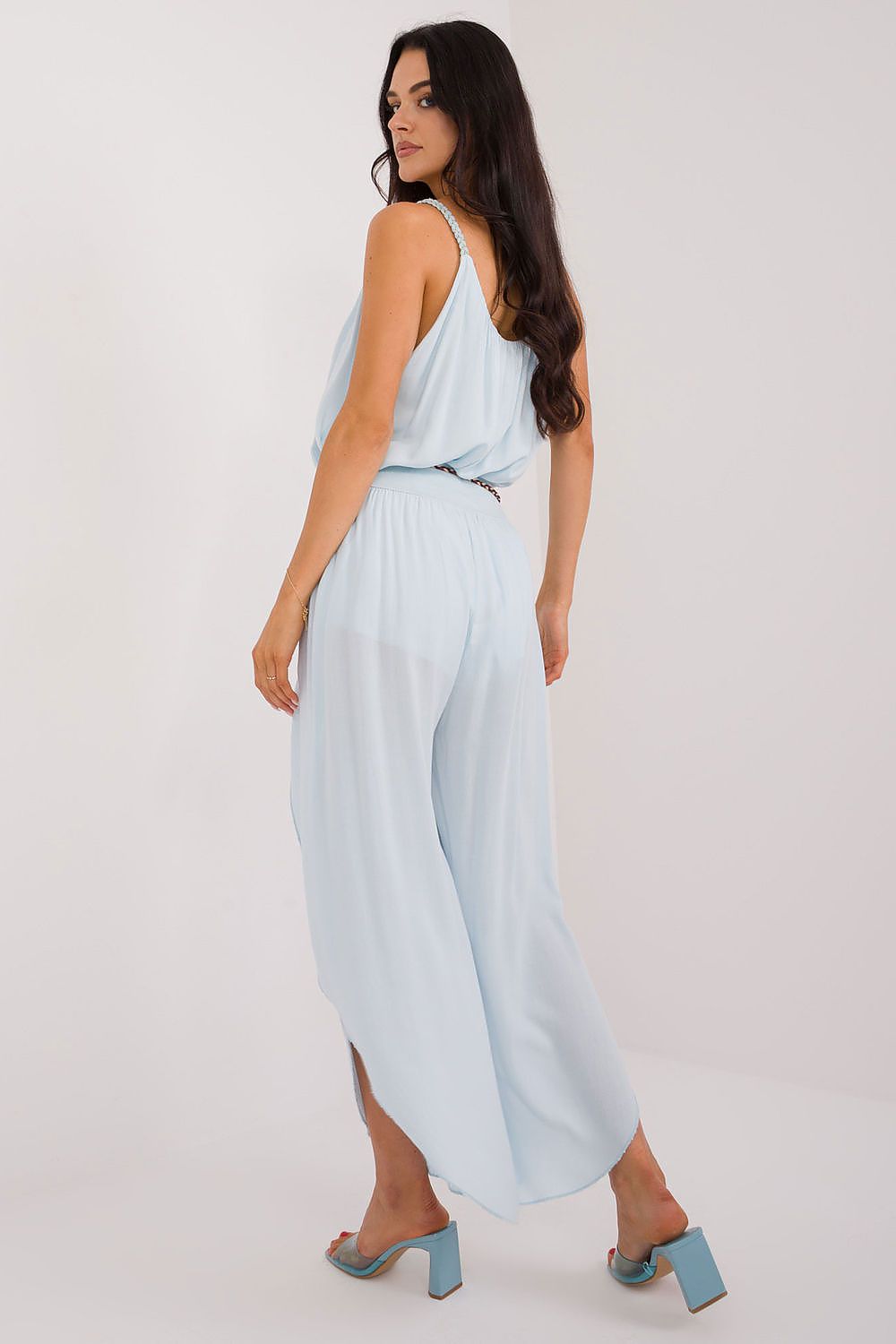 Women's High Waist Viscose Trousers - Airy Pants with Decorative Tie