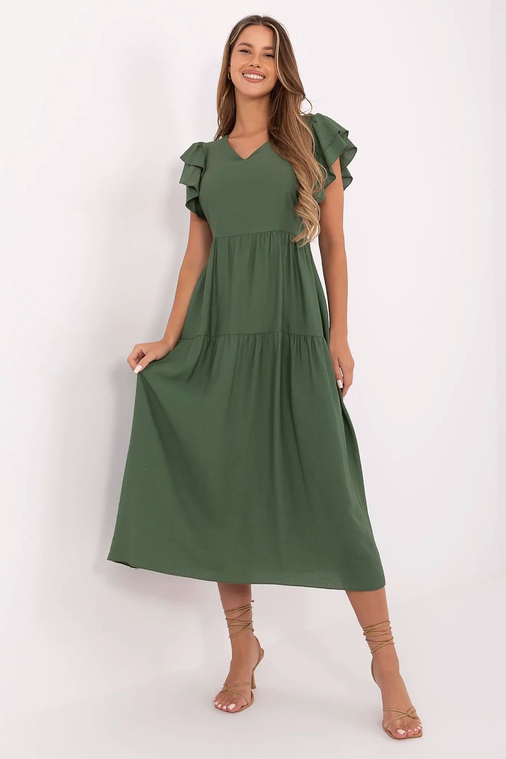 Summer Midi Dress Flared Cut Flutter Sleeves V-Neck Back Buttons Waist Tie