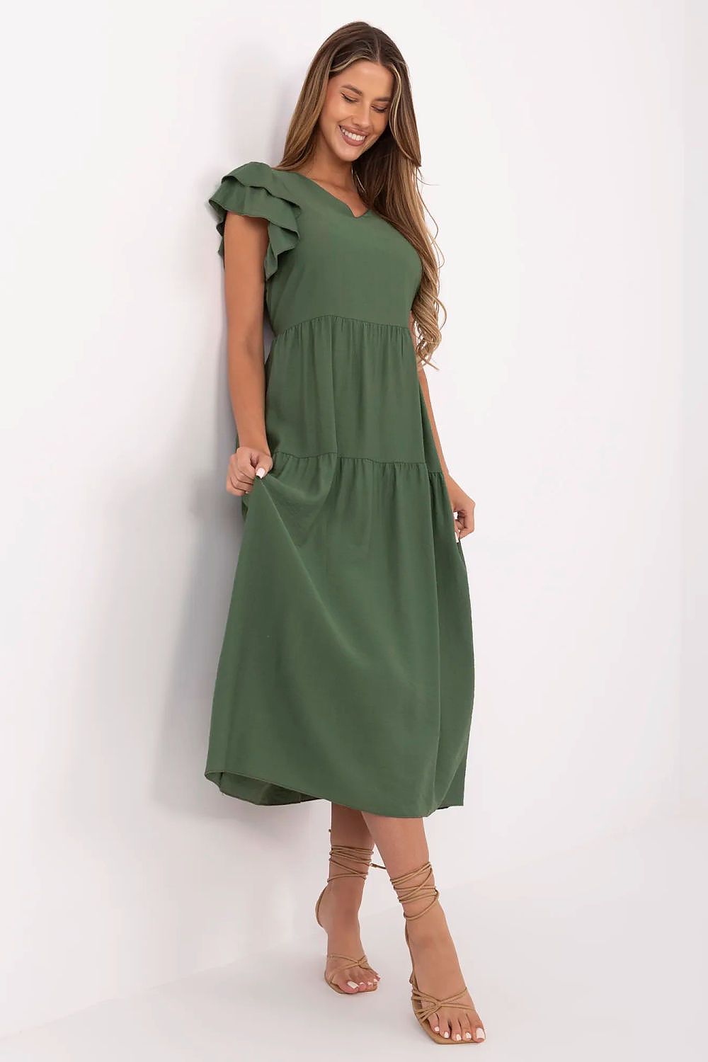 Summer Midi Dress Flared Cut Flutter Sleeves V-Neck Back Buttons Waist Tie