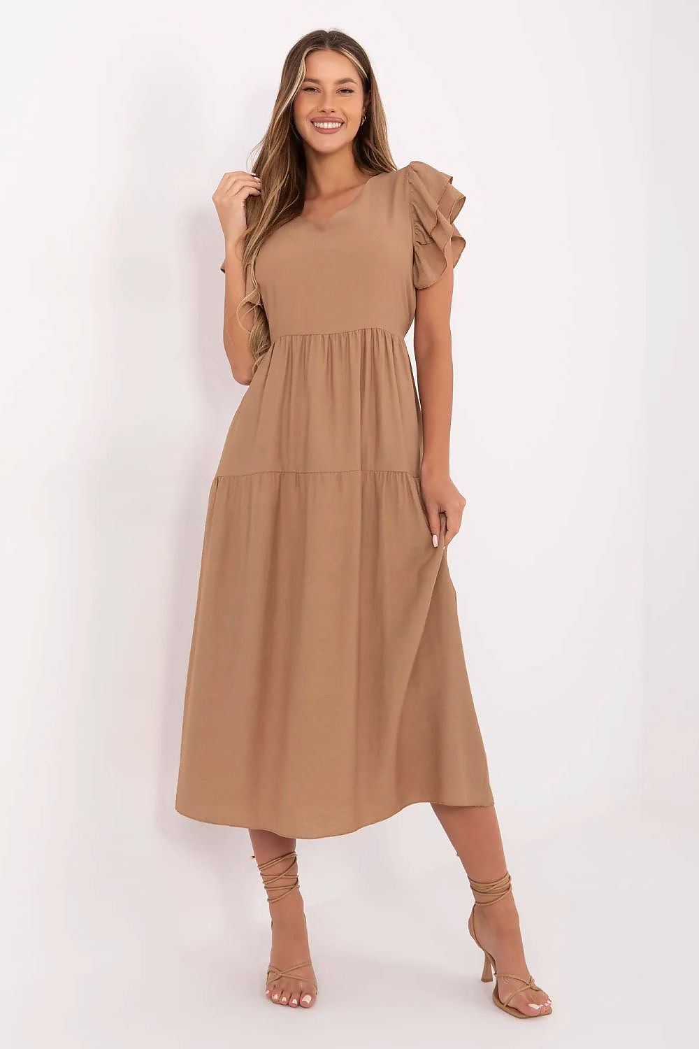Summer Midi Dress Flared Cut Flutter Sleeves V-Neck Back Buttons Waist Tie